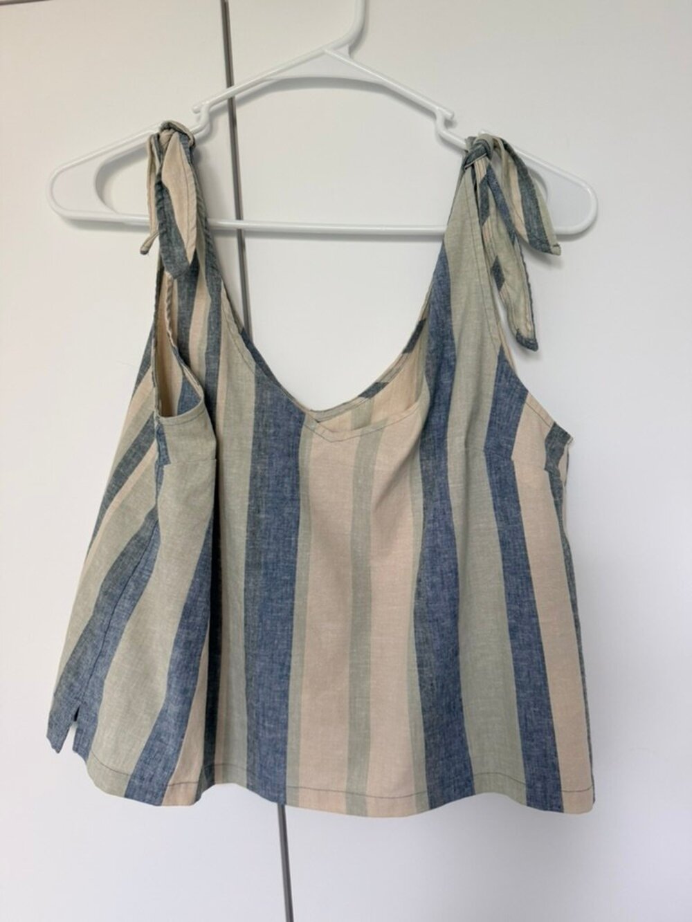UpWest Striped Tie Shoulder Tank Top Medium Blue Sage Beige V Neck